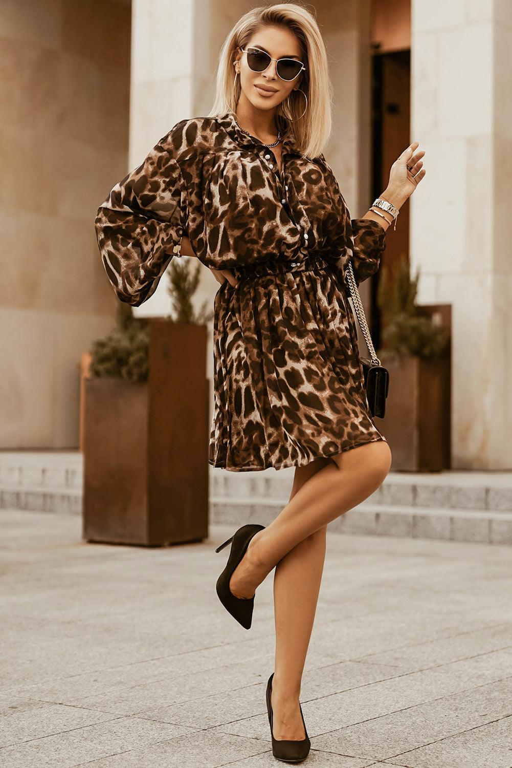 Leopard Buttoned Balloon Sleeve Dress - Fashionable In Real Life