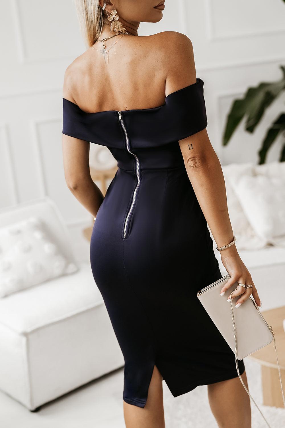 Off-Shoulder Zip-Back Slit Dress - Fashionable In Real Life