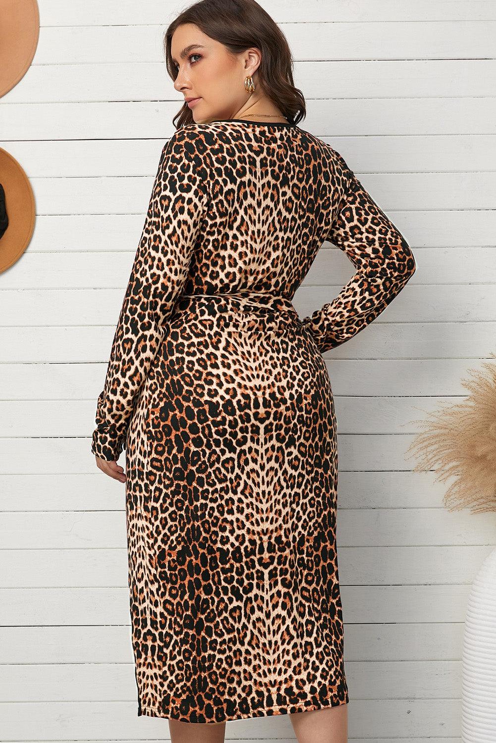 Plus Size Leopard Belted Surplice Wrap Dress - Fashionable In Real Life