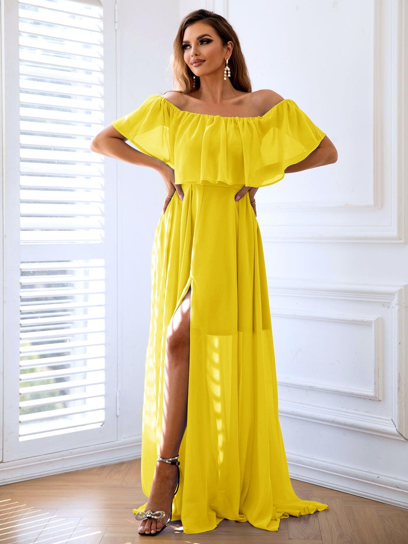 Off-Shoulder Layered Split Maxi Dress - Fashionable In Real Life